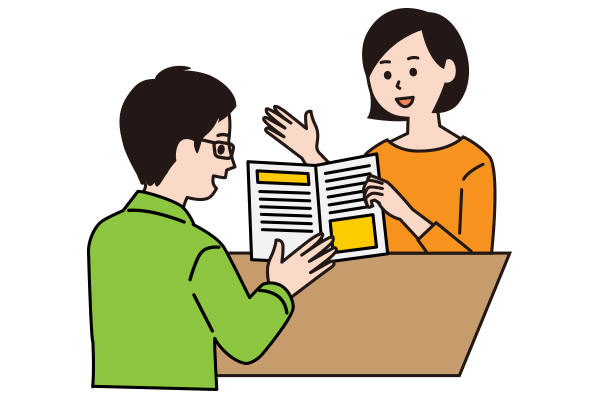 パッケージラフを見せて打合せをしている様子のイラスト