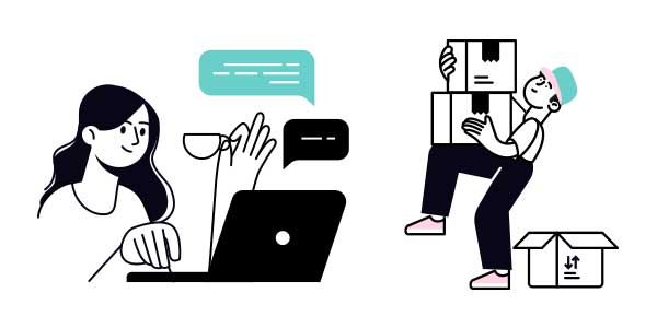 リモートワークと忙しく走る宅配業者さんのイラスト