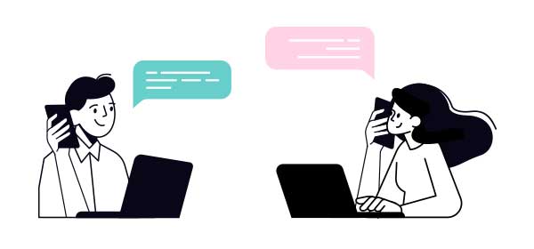 ノートパソコンを前に携帯電話で話しながら仕事をする2人のイラスト