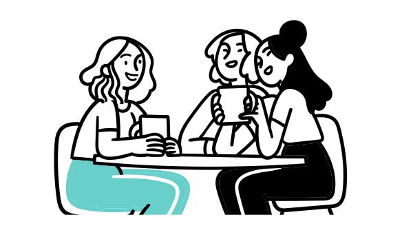 お菓子とドリンクで3人がトークしているイラスト