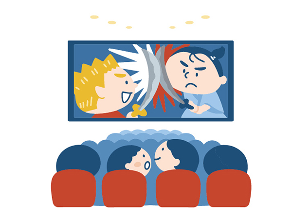 お父さんと映画を観ている　イラスト